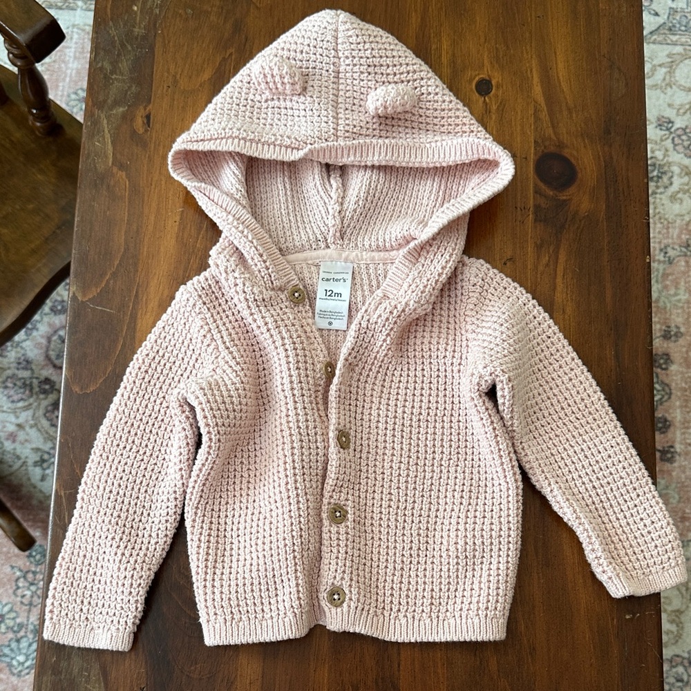 Adorable Pink Knit Baby Cardigan with Bear Ears